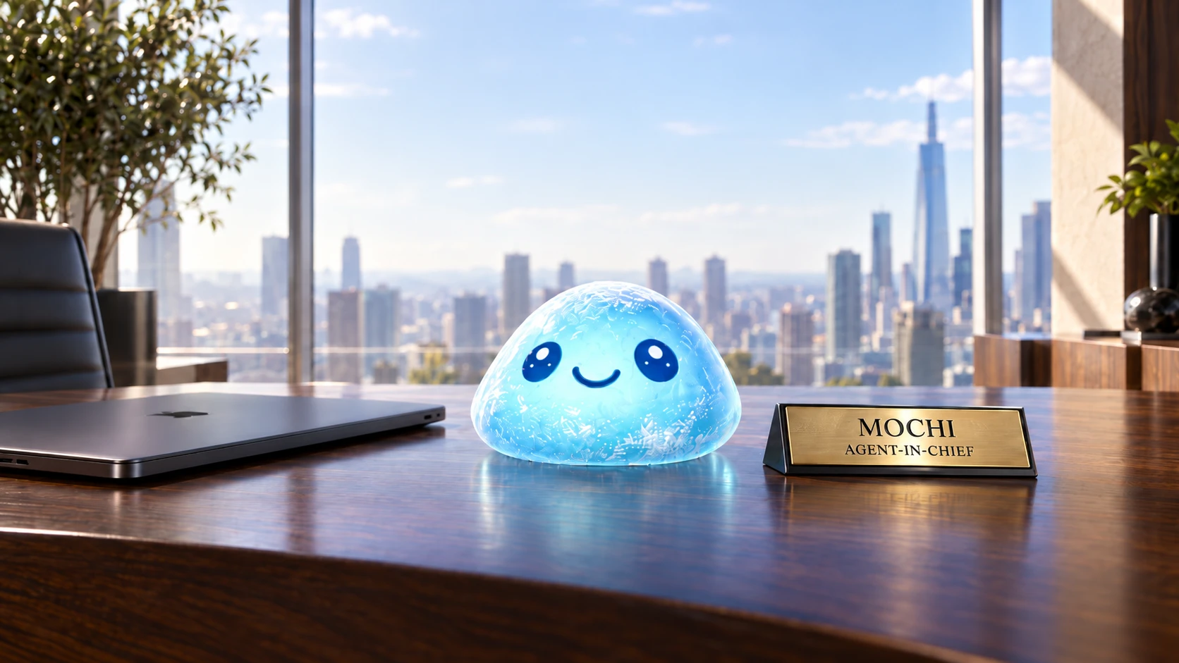 Mochi, a small glowing blue character, on an executive desk high above a city, beside a MacBook and a brass nameplate that reads Mochi, Agent-in-Chief.