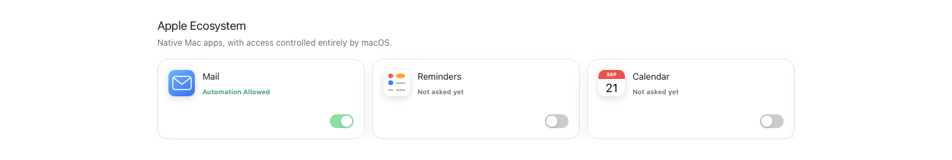 The Apple apps OOMU can use. Mail shows Automation Allowed and is switched on. Reminders and Calendar show Not asked yet and are switched off.