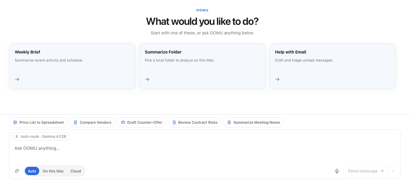 The OOMU window, asking "What would you like to do?" with three starting jobs, Weekly Brief, Summarize Folder, and Help with Email, and a box that says "Ask OOMU anything."