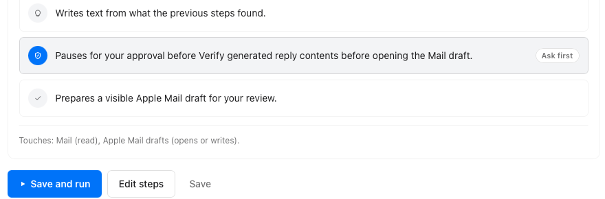 A workflow step that pauses for the person's approval before opening a Mail draft, marked Ask first.