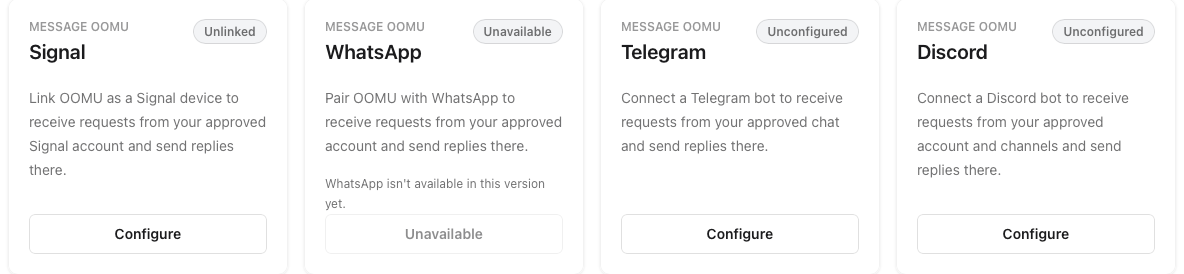 Ways to reach OOMU by message, including Signal, Telegram, and Discord.